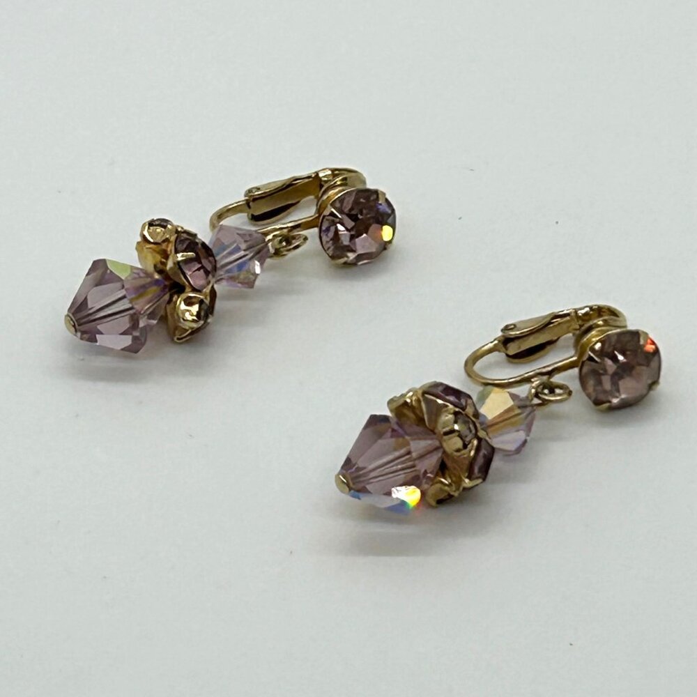 Vintage Aurora Borealis Dangle Earrings Crystal Pink Iridescent Faceted Goldtone - Picture 2 of 15